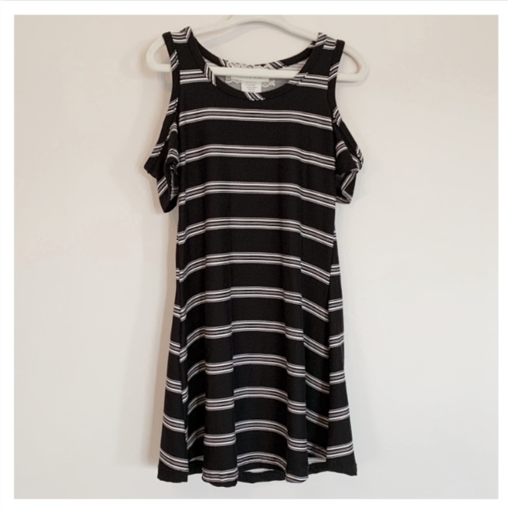 BTWEEN Black Off White Striped Cold Shoulder Dress
